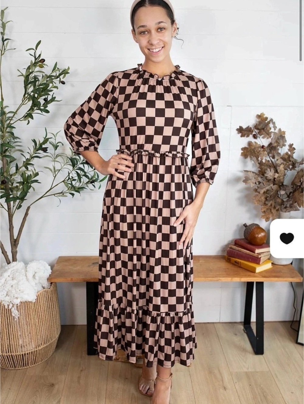 Checkered Maxi Dress in Brown & Black Like New